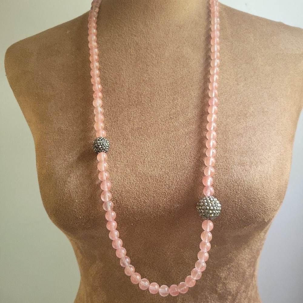 Pink Quartz Pave Crystal 30 In Continuous Strand Beaded Necklace 30" Cottagecore